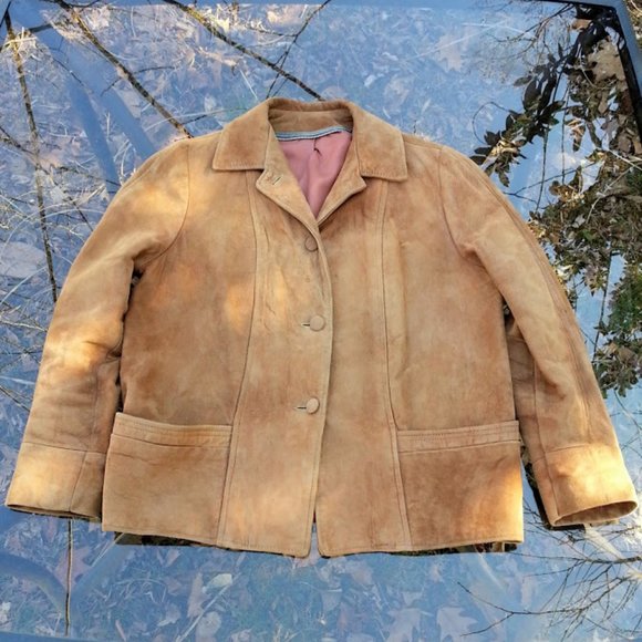 Vintage light brown distressed soft suede jacket 2 LG front patch pockets - Picture 5 of 8